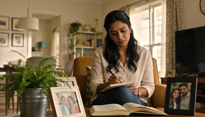 Naklejka premium Writing Indian woman wearing light blouse and jeans in living room, with notebook and fern