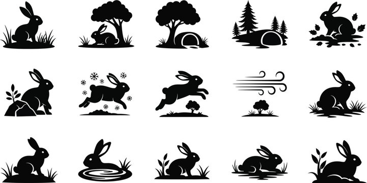 Wild rabbit and hare wildlife habitat seasonal nature behavior solid black silhouette icon set
