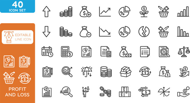 Profit and loss line editable Icons set. Vector illustration. Contain icons related to increase, decrease, graph, profit and loss statement, and more. on transparent background.