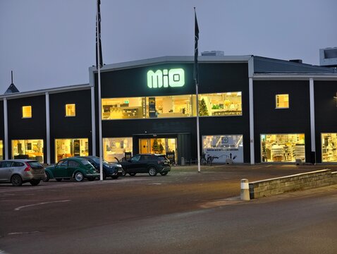 Varmland County, Sweden-Nov.26th 2025: Exterior of a Mio furniture store with illuminated signage