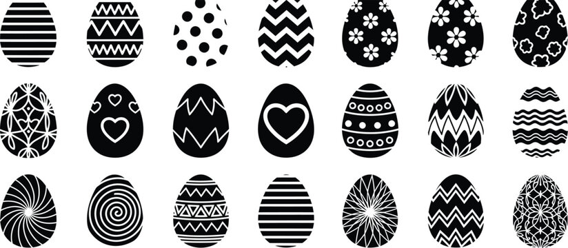 Decorative Easter eggs collection with geometric patterns flowers and hearts black silhouette icon set