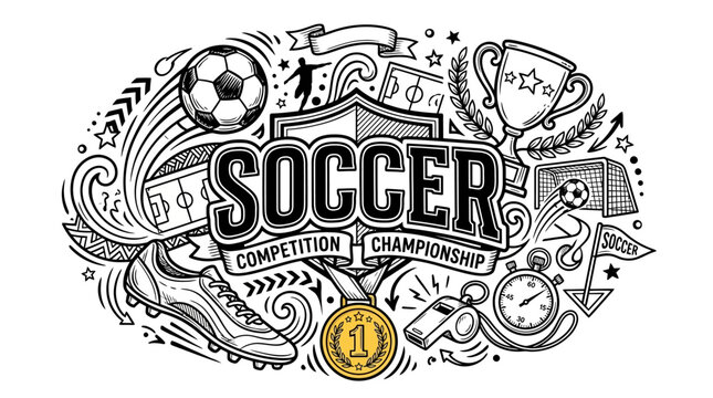 Dynamic soccer competition championship shield featuring ball, trophy, cleats, stopwatch, whistle, net, medal, ornate swirls, bold decorative text.