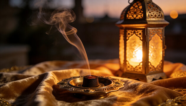 Burning incense cone curling smoke on gold satin atop ornate holder at dusk, lacy lantern glow