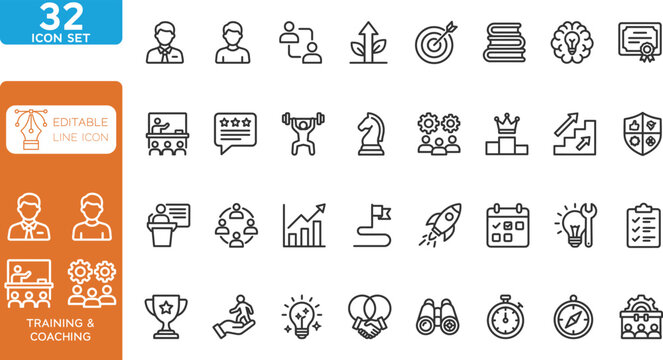 Training & Coaching line editable Icons set. Vector illustration. Contain icons related to Training, coaching, learning, education, mentoring, meeting, conference, course, and more. on transparent bac