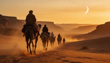 Fototapeta premium Moving camels with riders wearing robes and turbans crossing sandy canyon with saddles and tracks