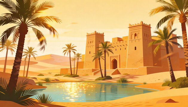 Glowing mudbrick fortress with twin towers, arched gateway reflecting in desert oasis pool, palms