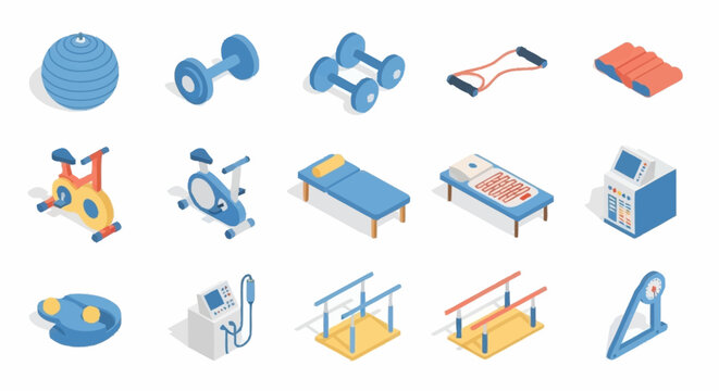 Collection of isometric icons representing physiotherapy and rehabilitation equipment, including exercise machines, weights, and therapy tools.