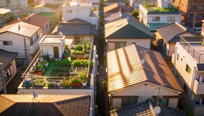 Obraz premium Showing rooftop garden on left building roof, with raised planters and green turf catching sunlight