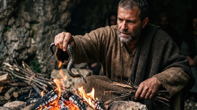 Apostle Paul throwing viper into fire on Malta island. Biblical scene depicting miracle of snake bite survivor in Acts 28. Historical drama re-enactment of ancient religious event.