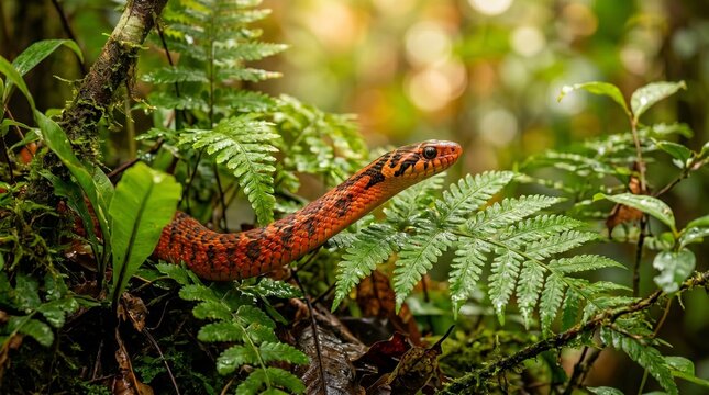 Vibrant orange snake in lush green rainforest foliage