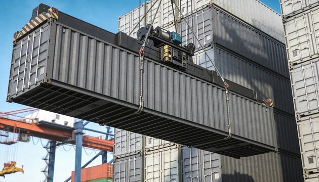 Hoisting dark gray intermodal container being lifted at port yard, with spreader bar and cables