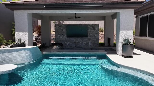 Modern Swimming Pool With Poolside Cabana Outdoor Entertainment TV Stone Fireplace and Spa 4K
