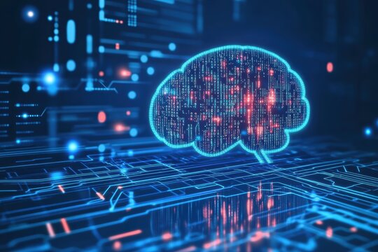 This graphic layout shows a digital brain formed with bright lines and binary code