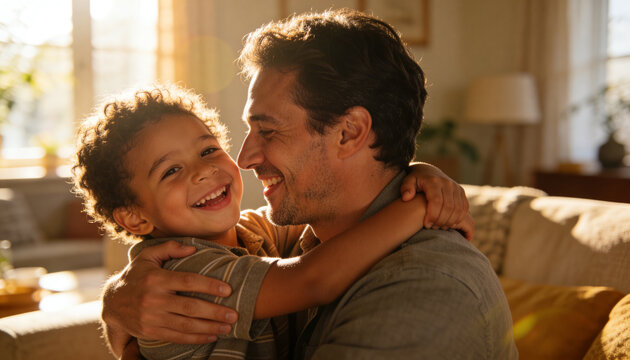 Hugging dad holding son on sunlit living room sofa, child in striped shirt, dad in button-up