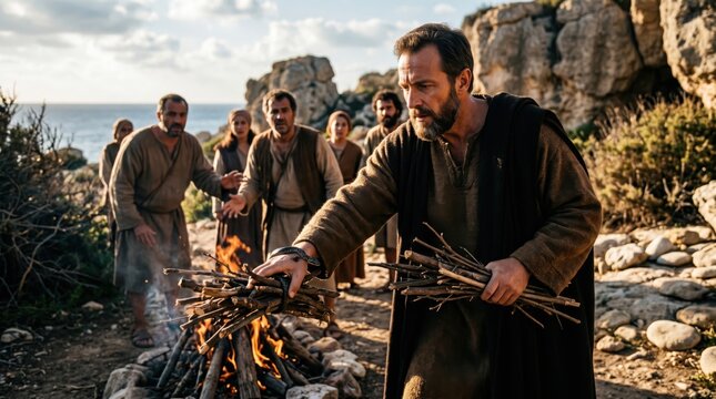 Apostle Paul shaking a viper into a campfire on the island of Melita. Biblical narrative from Acts of the Apostles showing a man miraculously surviving a venomous snake bite incident.