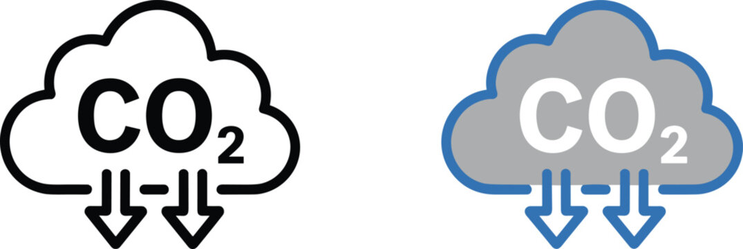 Two C O2 cloud icons with downward arrows on white background carbon dioxide emission