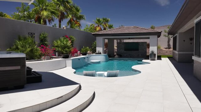 Luxury backyard renovation with swimming pool jacuzzi and cabana pavilion 4K