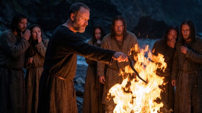 Man throwing snake into fire surrounded by group of people. Biblical scene inspired by Acts 28 where saint Paul survives snake bite. Dramatic religious historical storytelling concept.