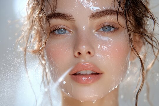 Model applies hydrating spray to her face in a minimalistic setting with natural light