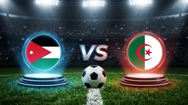 Soccer match concept with jordan and algeria flags in stadium