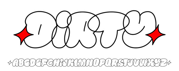 Dirty bubble graffiti font layout featuring giant overlapping wordmark title centered on top with full alphabet sequence arranged in single horizontal line at the bottom clip art. © dirtyfellas