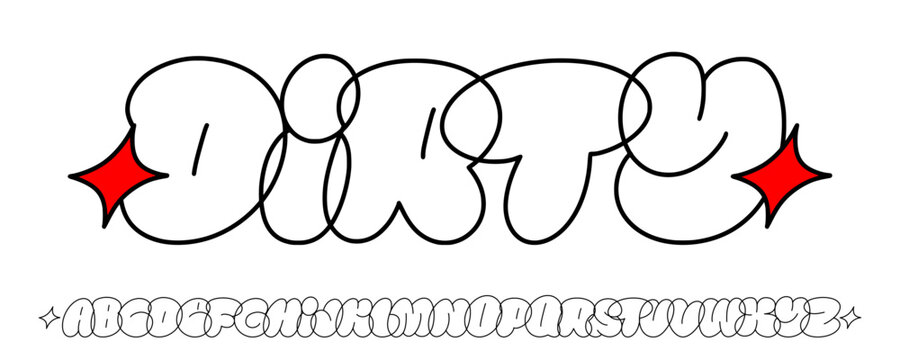 Dirty bubble graffiti font layout featuring giant overlapping wordmark title centered on top with full alphabet sequence arranged in single horizontal line at the bottom clip art.