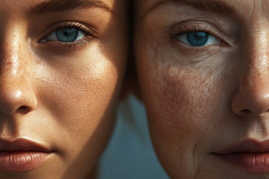 Close-up comparison of young skin and mature skin showing texture differences in 8K resolution