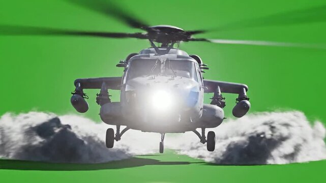Military helicopter landing with dust effect on green screen front view 3 d animation aircraft aviation