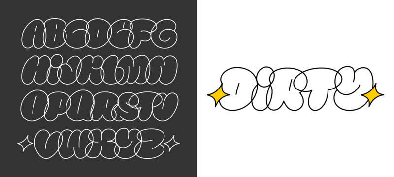 Dirty bubble graffiti font presentation showing full alphabet character sequence on dark background alongside creative logotype header preview for streetwear clothing design clip art.