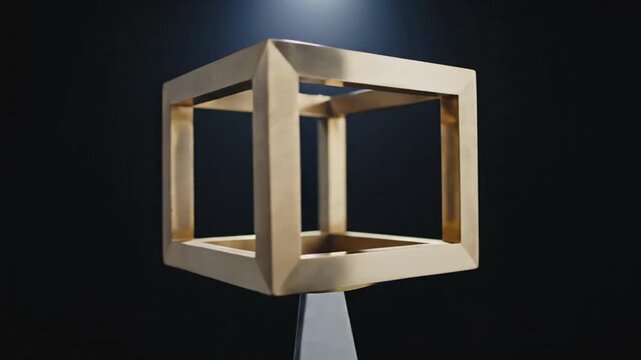 Abstract golden cube frame illuminated in dark studio