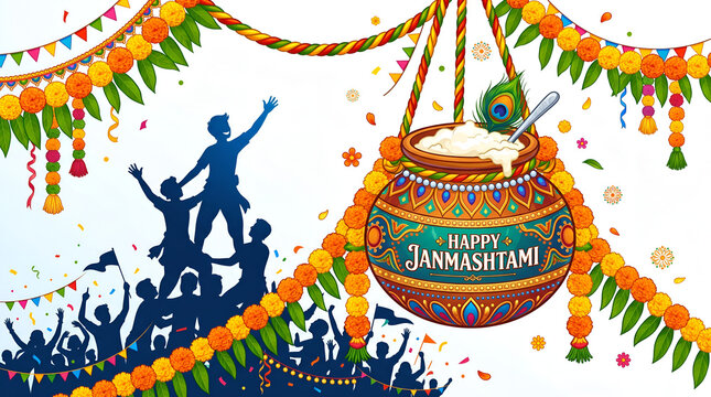 Happy Janmashtami celebration banner with dahi handi matka and human pyramid silhouette vector background
