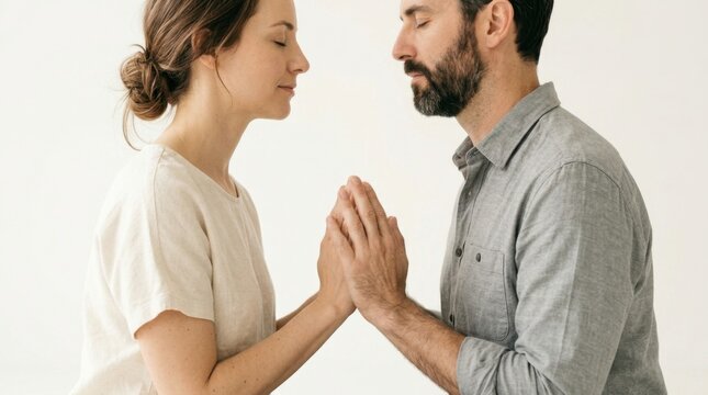 Two people standing facing each other with eyes closed, gently pressing their palms together in a powerful moment of mindfulness, deep spiritual trust, connection, and respect.
