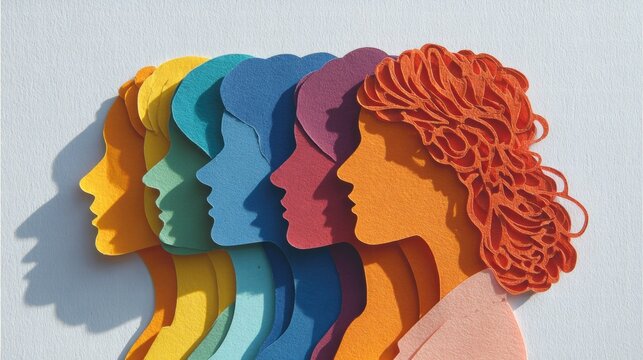 Colorful paper cutouts of women's profiles in a row against a white background.