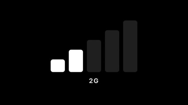 Mobile network signal strength bars icon from 5G to no signal animation on black background