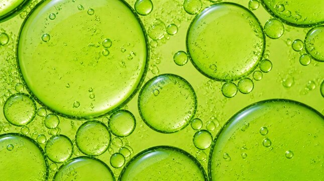 Close up of green oil bubbles and small emulsions floating in a green liquid.