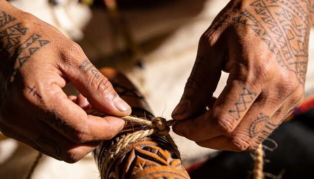 Tying tattooed hands wrapping twine around carved wooden cylinder at workshop, with patterned cloth