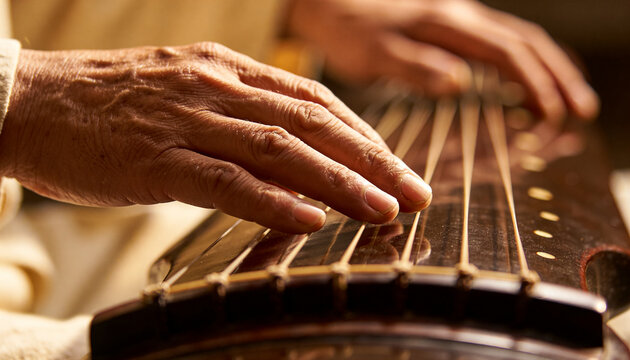 Plucking senior hands tracing parallel strings on varnished zither board in warm room light sleeve
