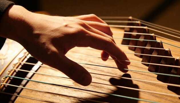 Hovering hand forearm with dark sleeve poising above zither strings in room showing movable bridges