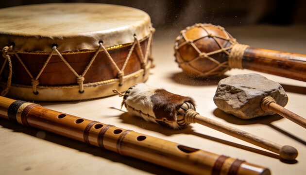 Displaying frame drum, two wooden flutes, fur mallet, stone mallet, gourd rattle on wooden tabletop