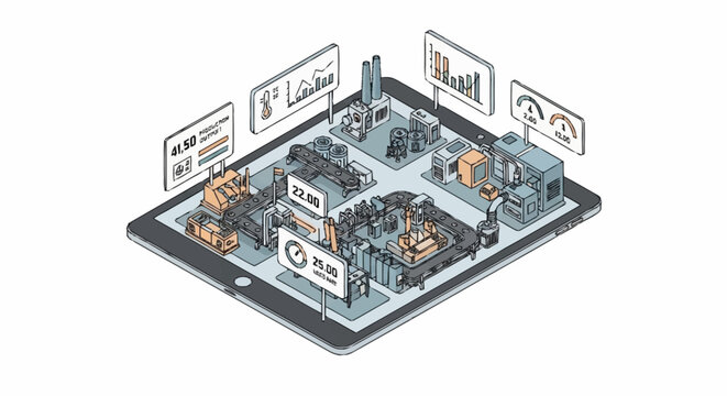 Smart factory concept with digital dashboard showing production data and automation.