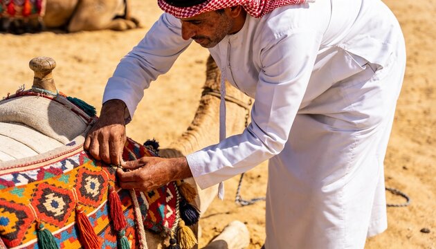 Fastening Middle Eastern elder securing saddle rug on camel in desert, in white robe, red shemagh