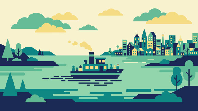 Flat illustration of a ferry boat traveling to a coastal city