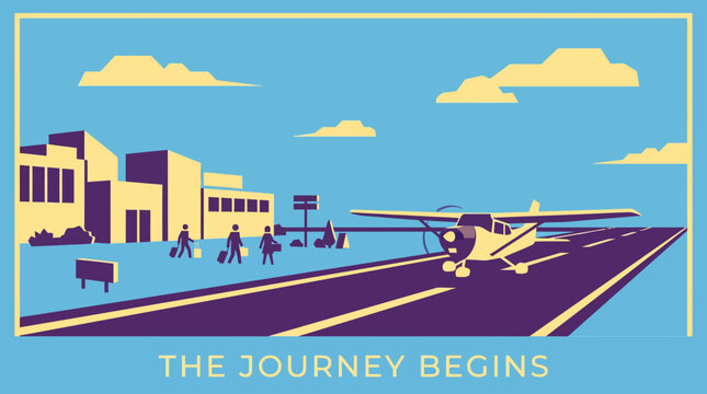 Travel illustration of a private plane on runway with passengers
