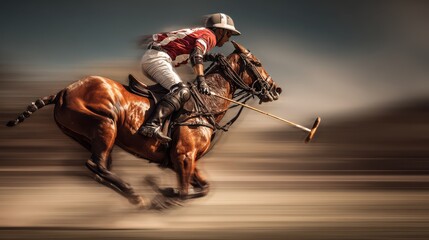 Fototapeta premium Polo player rides swiftly on horse during match at sunset in open field with spectators in background
