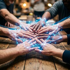 Obraz premium Diverse team hands united with glowing network connection overlay, teamwork concept