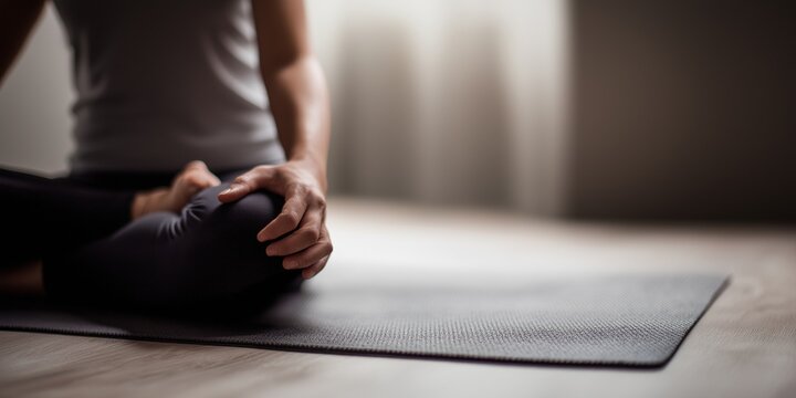 Close-up of a woman sitting on a yoga mat in a calm indoor studio