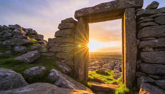 Framing stone doorway with lintel on limestone plain, sunburst illuminating grassy flagstones