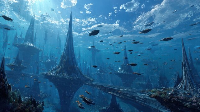 Underwater city with tall spires and floating vehicles in a vibrant blue sea during midday light