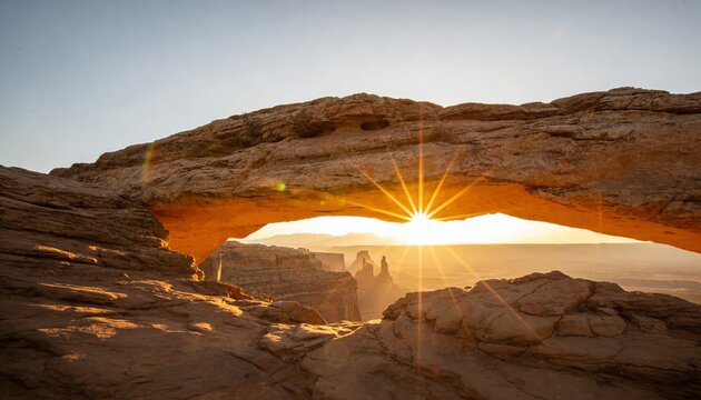 Framing sandstone arch revealing starburst over desert canyon, with flare, textured ledge, spires
