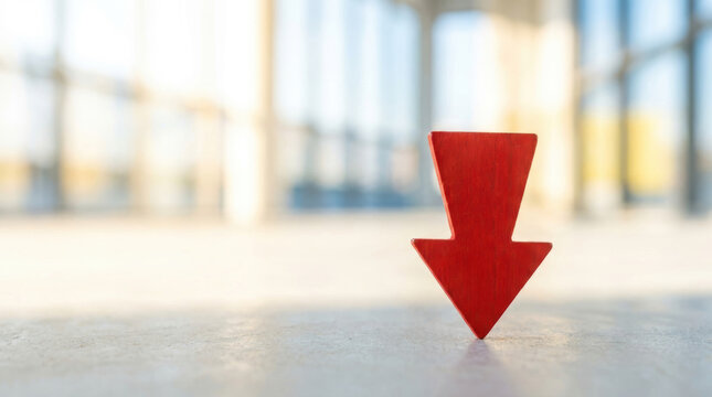 Economic crisis concept red downward arrow on blurred office floor, business recession and loss signal